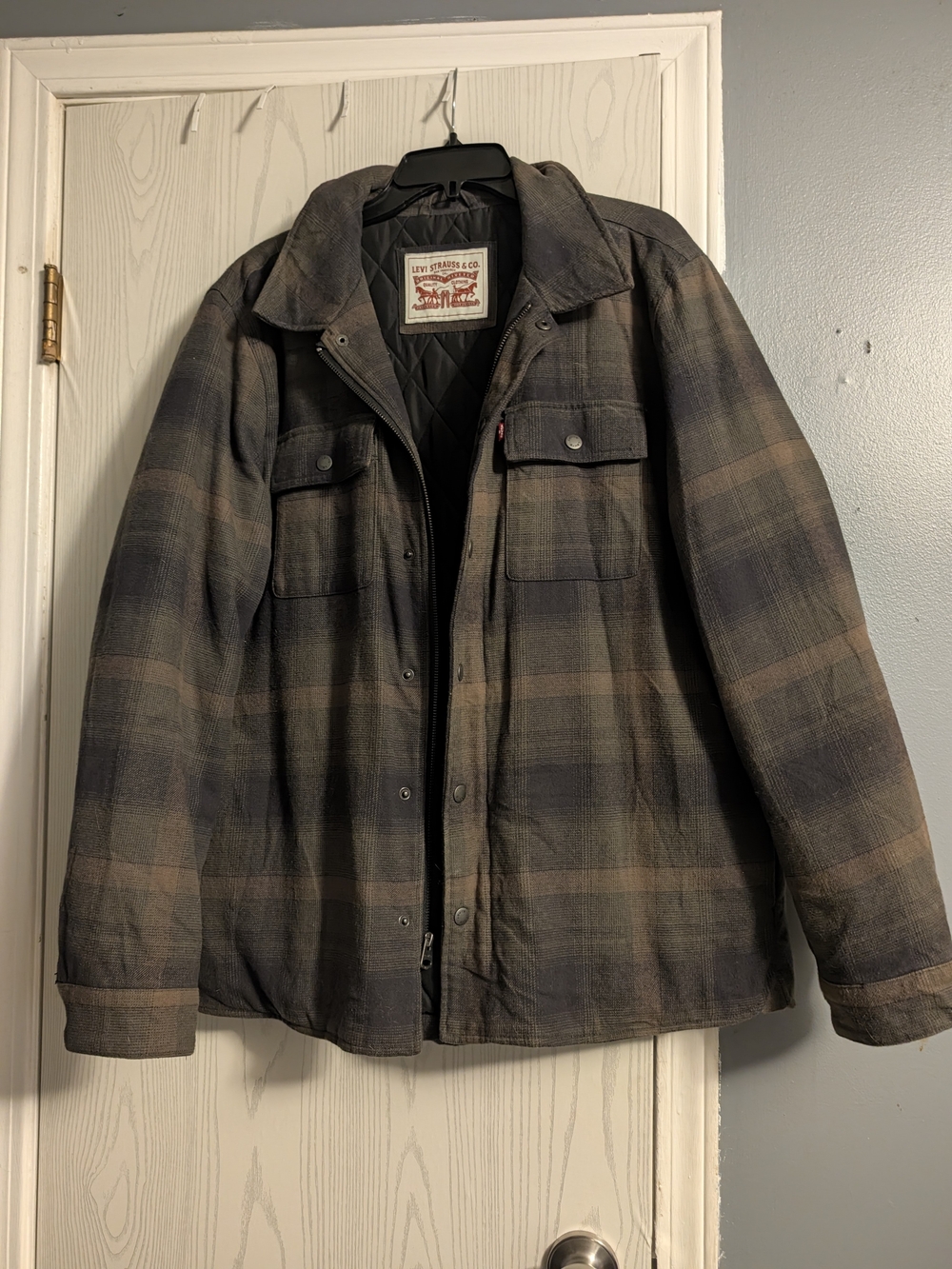 Levi's Quilted Plaid Shirt Jacket in Brown and Green